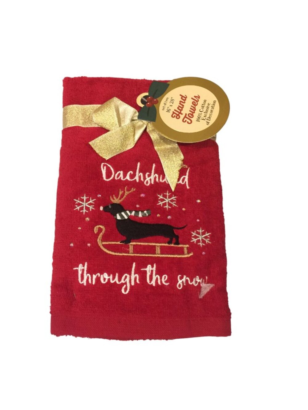 Dachshund Through the Snow Holiday Hand Towels Set of 2 Red Embroidered Dog on S